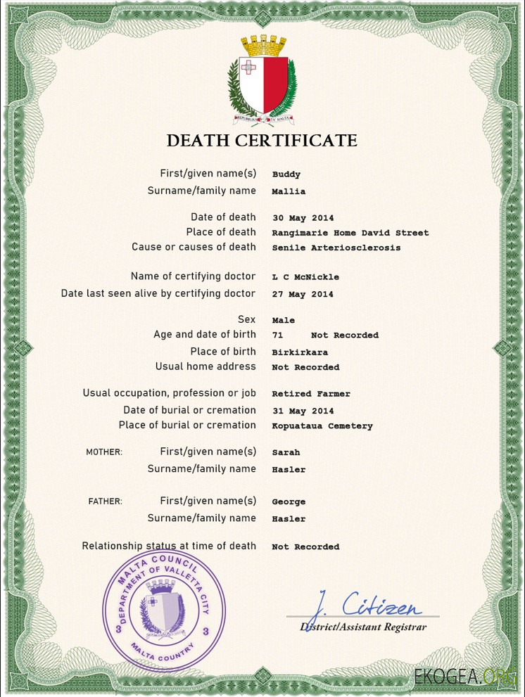 Modèle PSD de certificat de décès de l'état civil de Malte